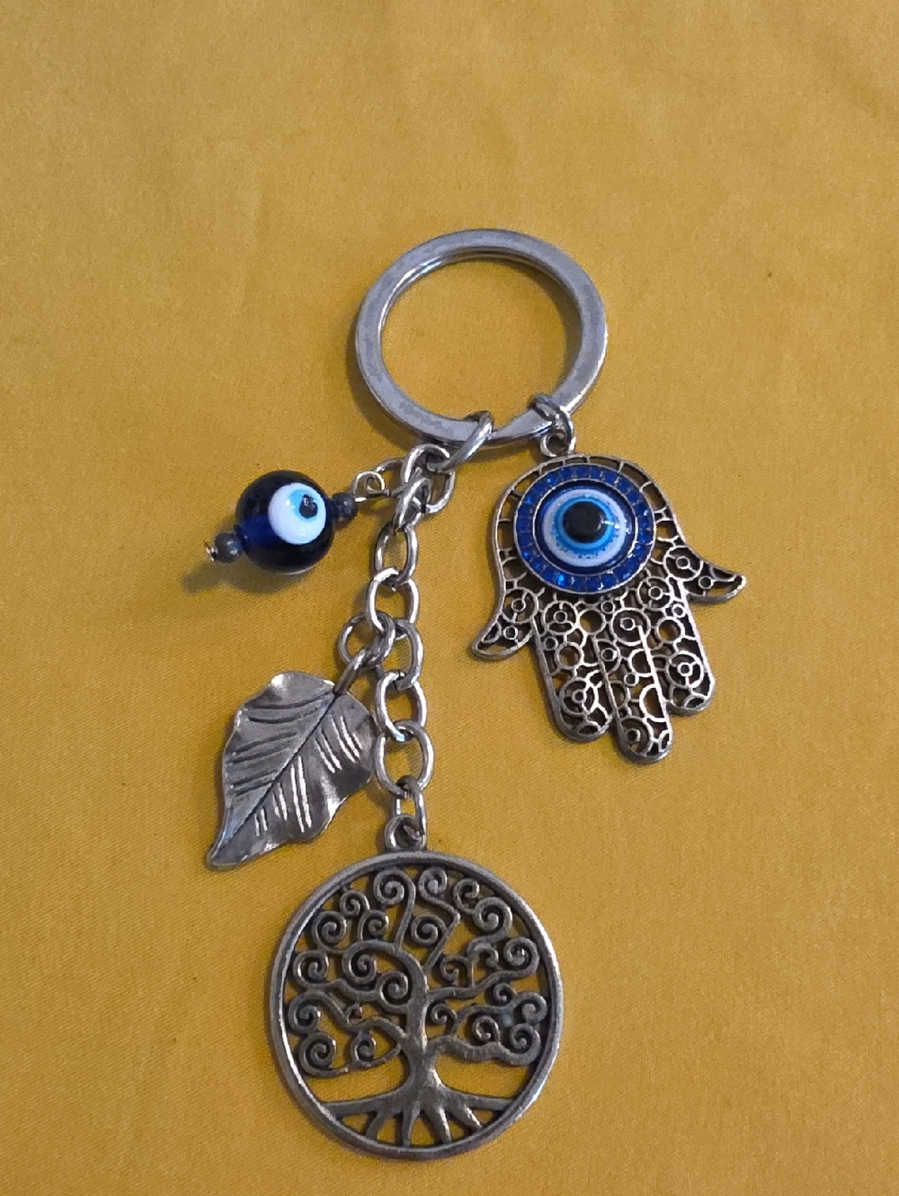Vintage-Style Talisman Keychain w/Hamsa Hand, Evil Eye, Tree Of Life & The Leaf
